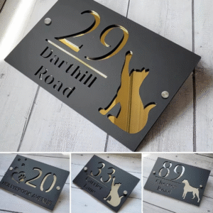 Personalised Wall Address Sign – Acrylic House Number with Cat or Dog Design