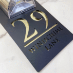 Custom Solar LED House Number Sign – Personalised Acrylic Address Plaque - Black Gold